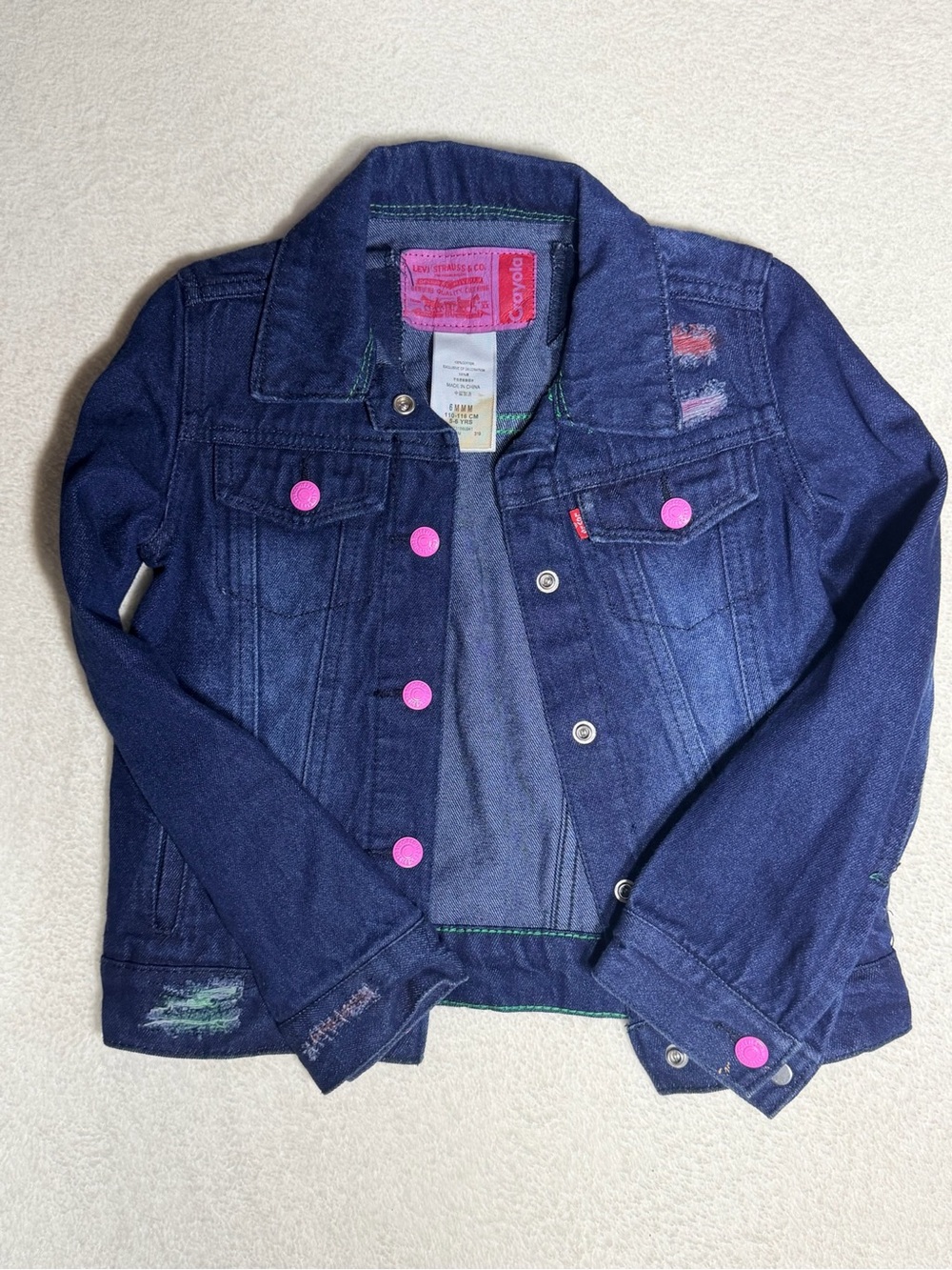 Crayola x Levi's Distressed Denim Trucker Jacket Pink Snap Buttons Size 5-6Y - Picture 2 of 5